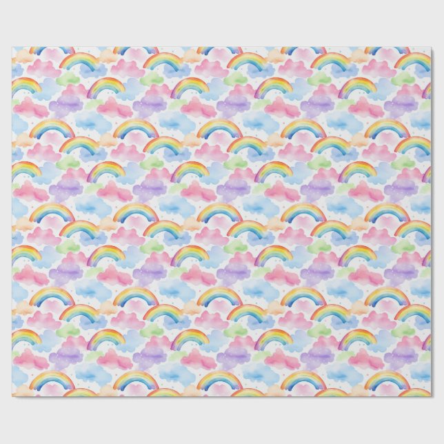 Colourful Rainbow, Cloud, and Star Pattern Wrapping Paper (Flat)