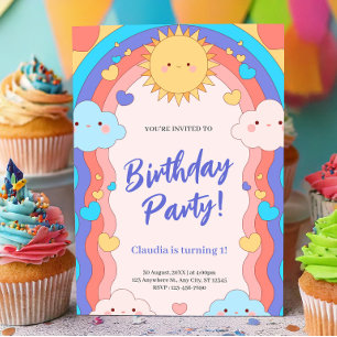 Colourful Rainbow & Clouds Kids 1st Birthday Party Invitation