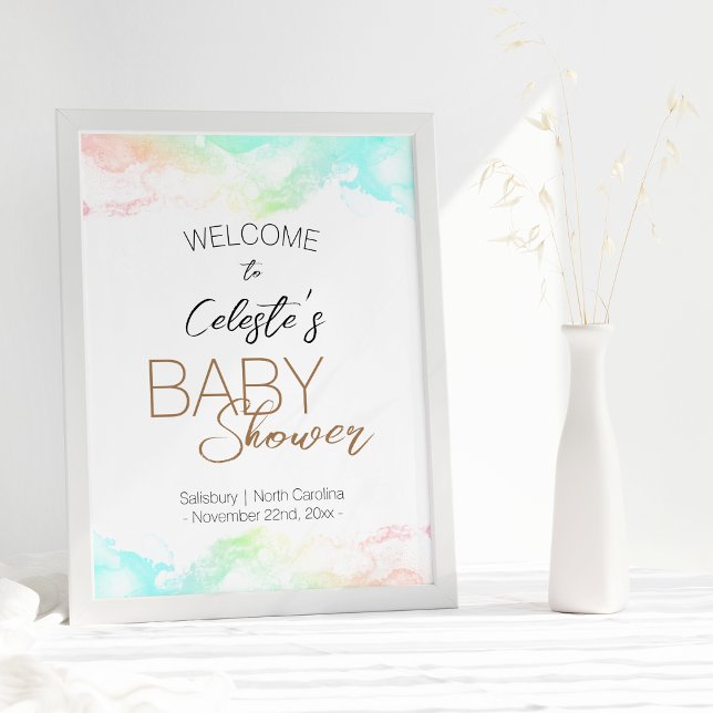 Colourful Rainbow Clouds White Baby Shower Welcome Poster (Creator Uploaded)