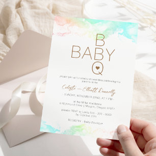 Colourful Rainbow Clouds White BBQ Baby Shower Invitation
