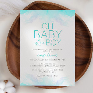 Colourful Rainbow Clouds White Oh Baby Boy Shower Invitation