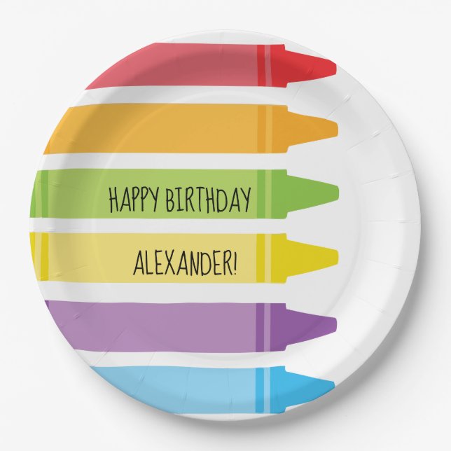 Colourful Rainbow Coloured Crayons Birthday Party Paper Plate (Front)