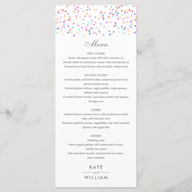 Colourful Rainbow Confetti Wedding Menu (Front)
