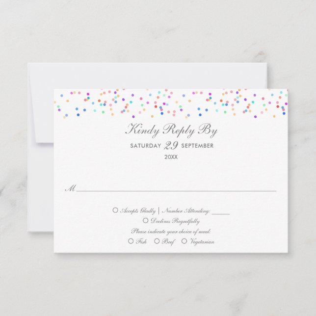 Colourful Rainbow Confetti Wedding RSVP Card (Front)