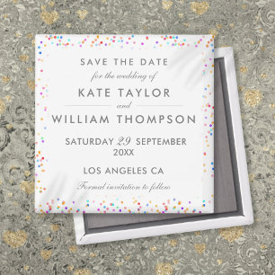 Colourful Rainbow Confetti Wedding Save The Date Magnet