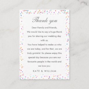 Colourful Rainbow Confetti Wedding Thank You Place Card
