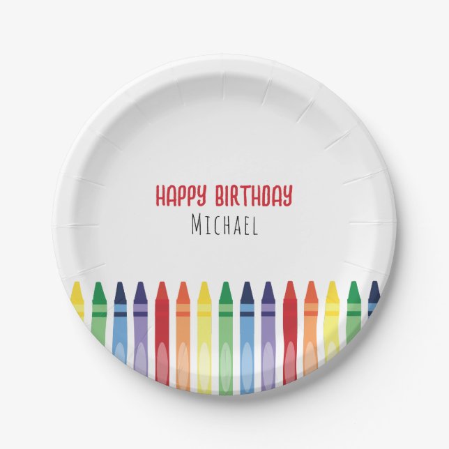 Colourful Rainbow Crayons Birthday Party Paper Plate (Front)