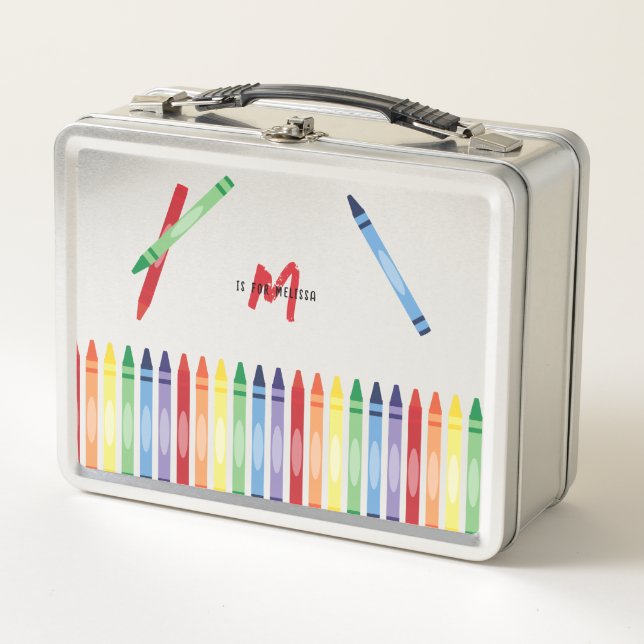 Colourful Rainbow Crayons Cute Monogram School Metal Lunch Box (Front)