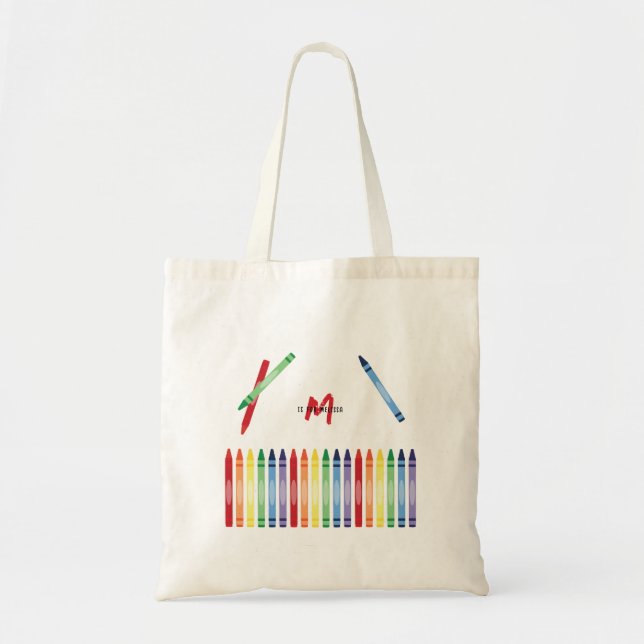Colourful Rainbow Crayons Cute Monogram School Tote Bag (Front)