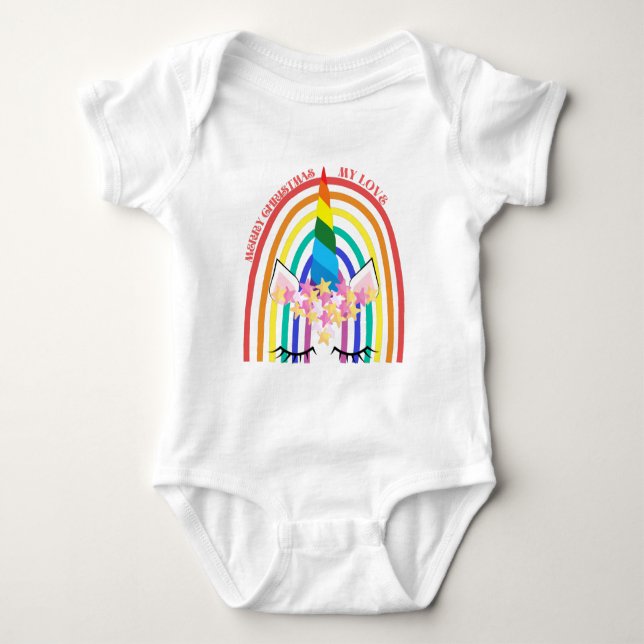 Colourful Rainbow Cute Unicorn Merry Christmas  Baby Bodysuit (Front)