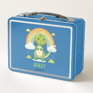 Colourful Rainbow Dino With Kids Name Metal Lunch Box