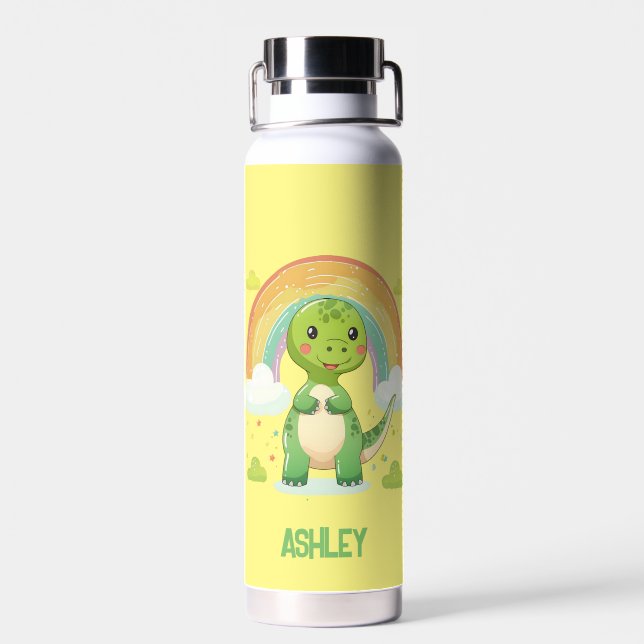 Colourful Rainbow Dino With Kids Name Water Bottle (Back)