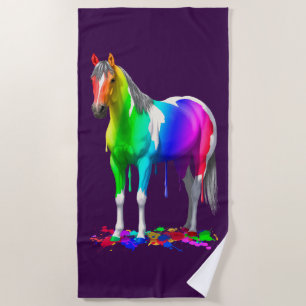 Colourful Rainbow Dripping Wet Paint Horse Beach Towel