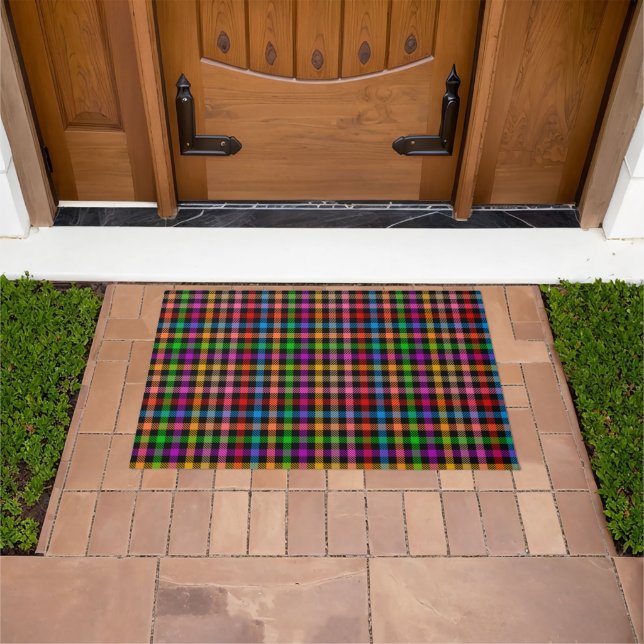 Colourful Rainbow Gingham Plaid Design - Black  Doormat (Outdoor)