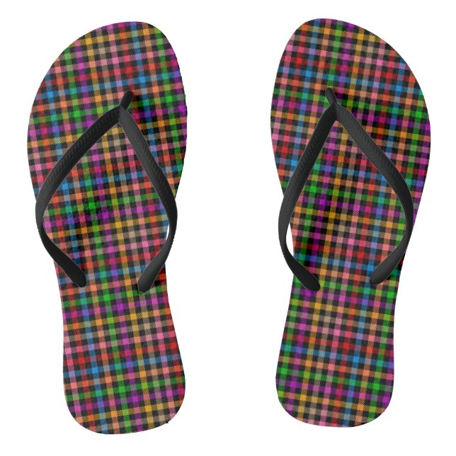 Colourful Rainbow Gingham Plaid Design - Black  Jandals (Footbed)