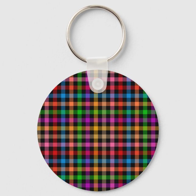 Colourful Rainbow Gingham Plaid Design - Black  Key Ring (Front)