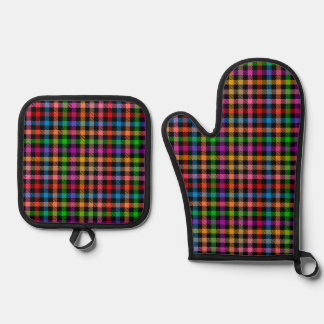 Colourful Rainbow Gingham Plaid Design - Black Oven Mitt & Pot Holder Set