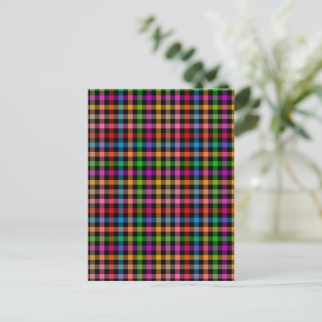 Colourful Rainbow Gingham Plaid Design - Black  Postcard (Standing Front)