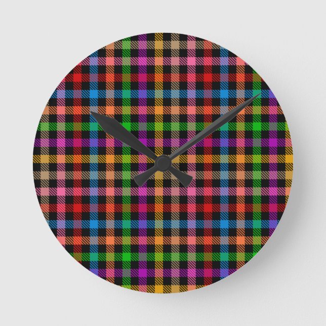 Colourful Rainbow Gingham Plaid Design - Black  Round Clock (Front)