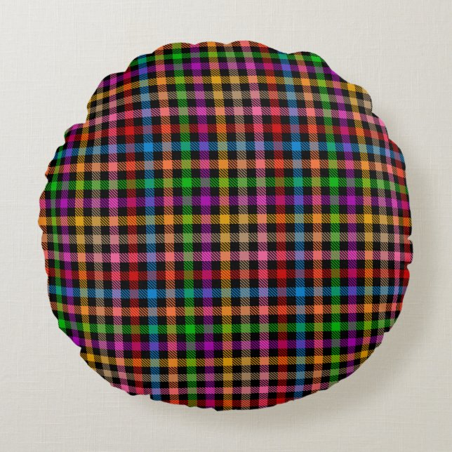 Colourful Rainbow Gingham Plaid Design - Black  Round Cushion (Front)