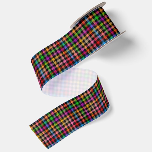 Colourful Rainbow Gingham Plaid Design - Black  Satin Ribbon (Front+Back)