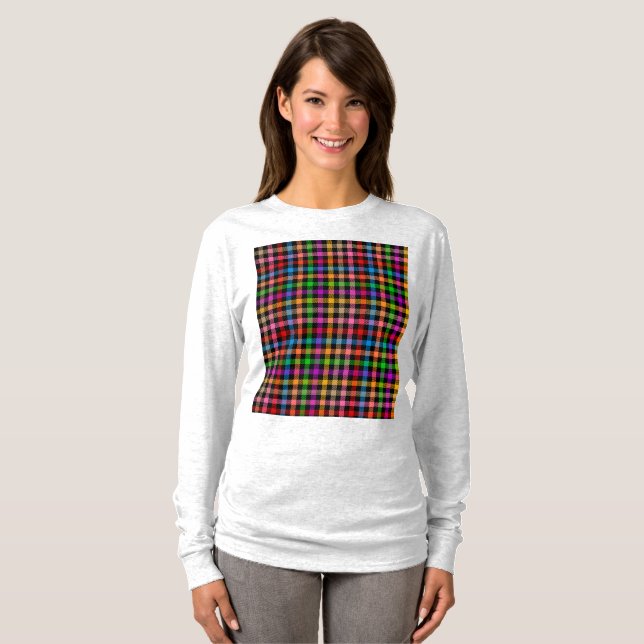 Colourful Rainbow Gingham Plaid Design - Black  T-Shirt (Front Full)