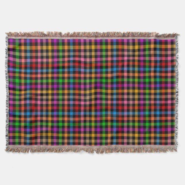 Colourful Rainbow Gingham Plaid Design - Black  Throw Blanket (Front)
