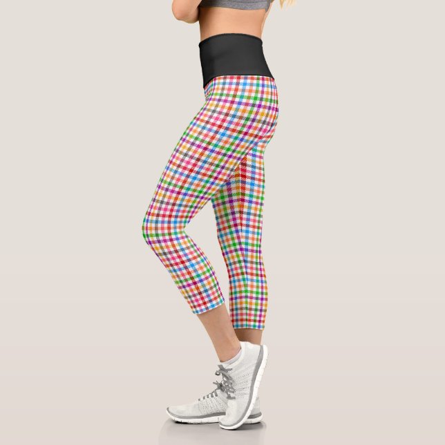 Colourful Rainbow Gingham Plaid Design - White  Capri Leggings (Left)