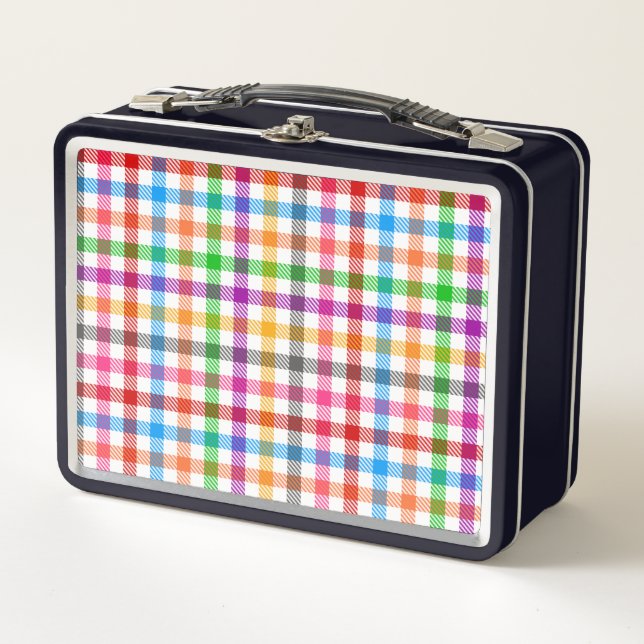 Colourful Rainbow Gingham Plaid Design - White  Metal Lunch Box (Front)