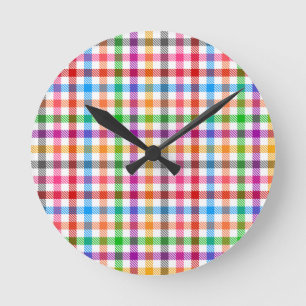 Colourful Rainbow Gingham Plaid Design - White Round Clock