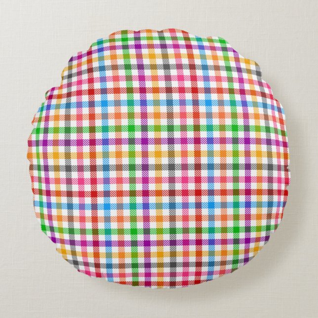 Colourful Rainbow Gingham Plaid Design - White  Round Cushion (Front)