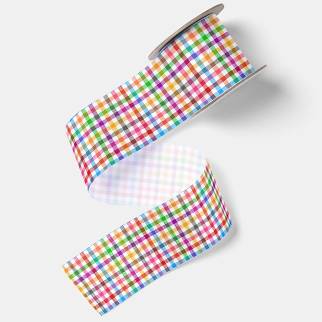 Colourful Rainbow Gingham Plaid Design - White  Satin Ribbon (Front+Back)