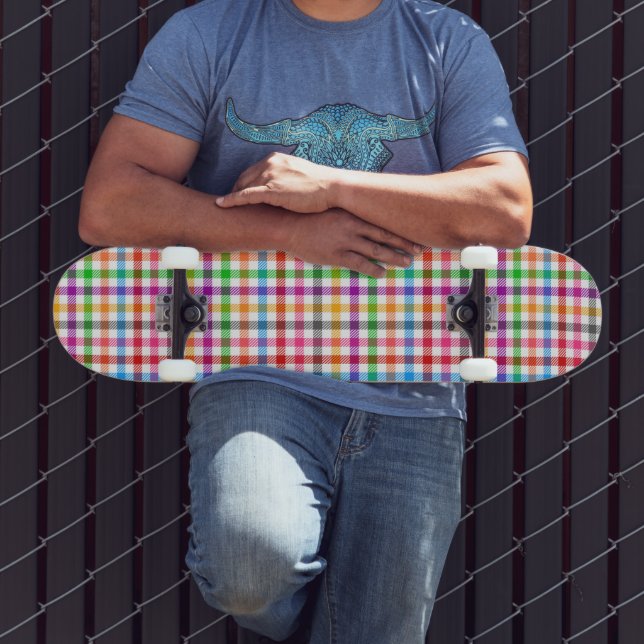 Colourful Rainbow Gingham Plaid Design - White  Skateboard (Outdoor 3)