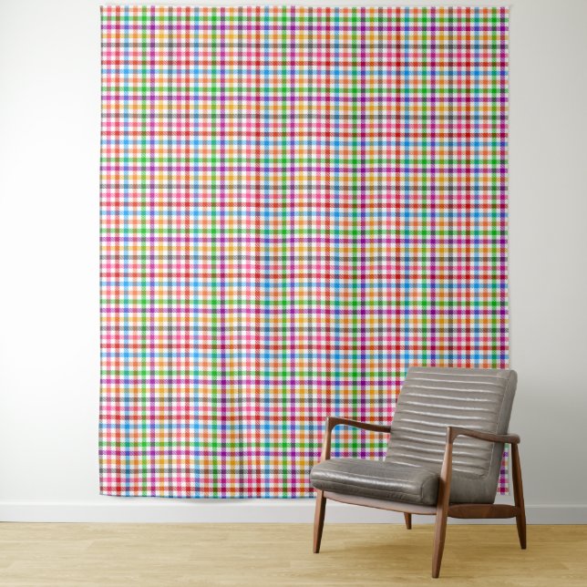 Colourful Rainbow Gingham Plaid Design - White  Tapestry (In Situ)