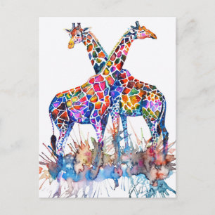 Colourful Rainbow Giraffes Watercolor Postcard