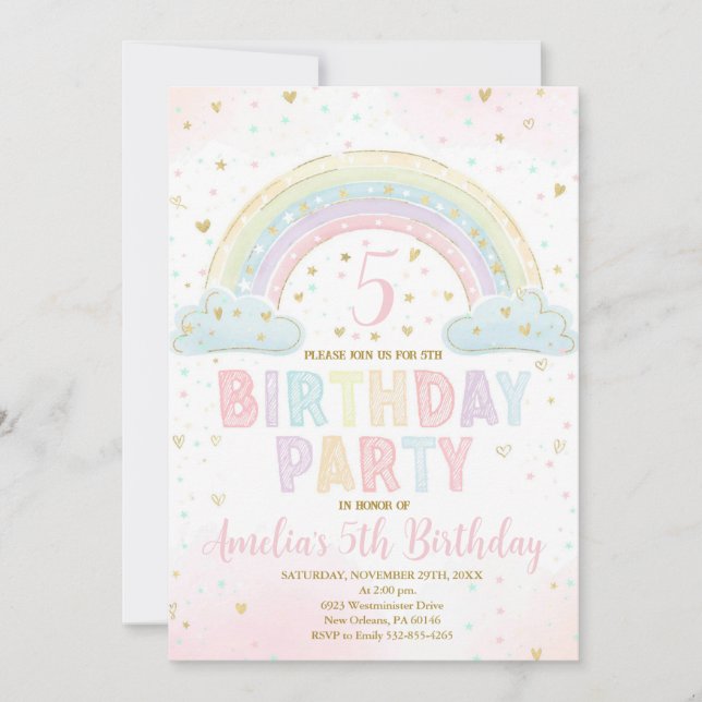 Colourful Rainbow Girl's Party Invite, Rainbow Invitation (Front)