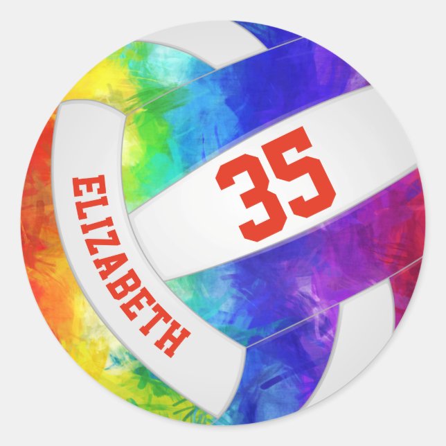 colourful rainbow girls personalised volleyball classic round sticker (Front)