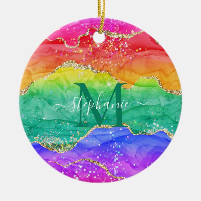 Colourful Rainbow Glitter Gold Agate Monogram Ceramic Tree Decoration (Front)