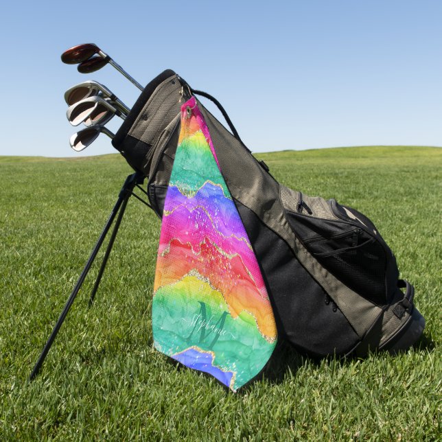 Colourful Rainbow Glitter Gold Agate Monogram Golf Towel (Green)