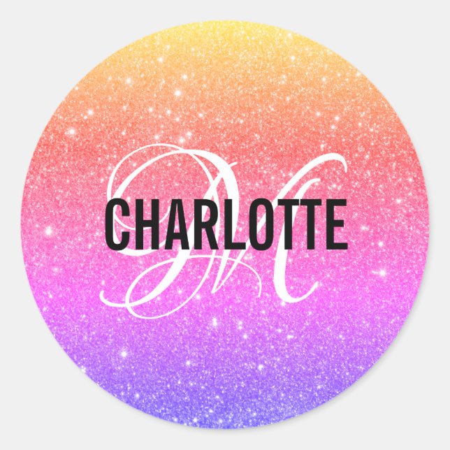 Colourful Rainbow Glitter Monogram Name  Classic Round Sticker (Front)