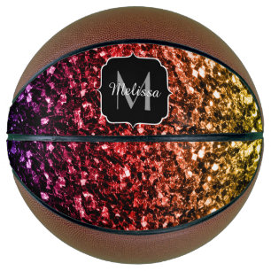 Colourful Rainbow glitter sparkle Monogram name Basketball