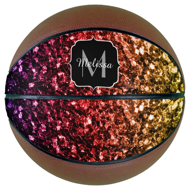 Colourful Rainbow glitter sparkle Monogram name Basketball (Front)