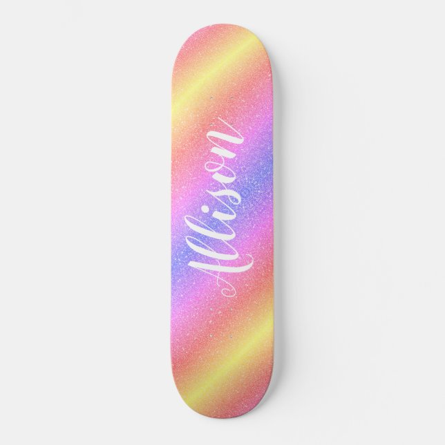 Colourful Rainbow Glitter Stripes Personalised Kid Skateboard (Front)