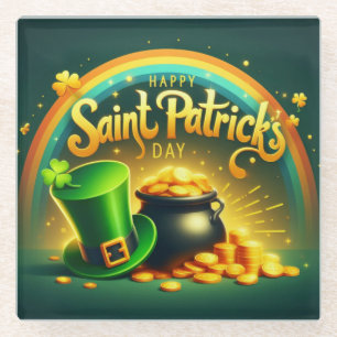 Colourful rainbow gold Saint Patrick's Day Glass Coaster