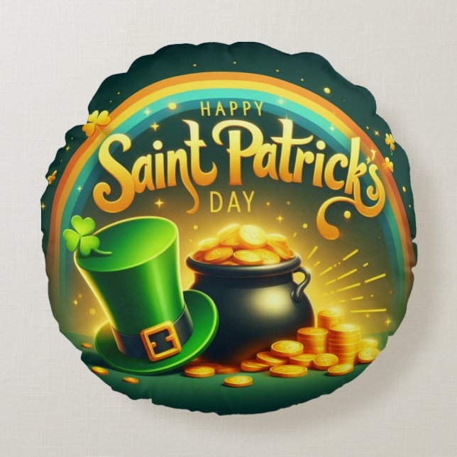 Colourful rainbow gold Saint Patrick's Day Round Cushion (Front)