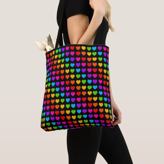 Colourful Rainbow Hearts Black Tote Bag (Close Up)