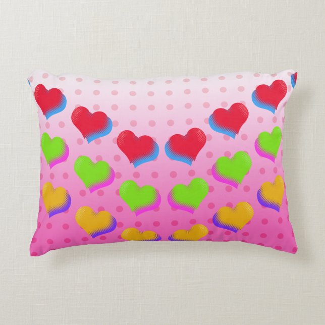 Colourful Rainbow Hearts on Pink Cartoon Pattern Decorative Cushion (Front)
