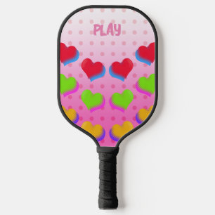 Colourful Rainbow Hearts on Pink Cartoon Pattern Pickleball Paddle