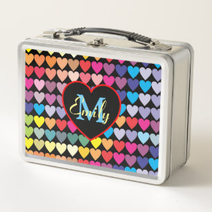 Colourful Rainbow Hearts Pattern Personalised  Metal Lunch Box