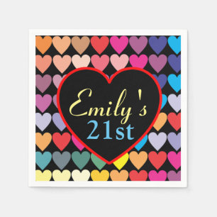 Colourful Rainbow Hearts Personalised 21st Napkin
